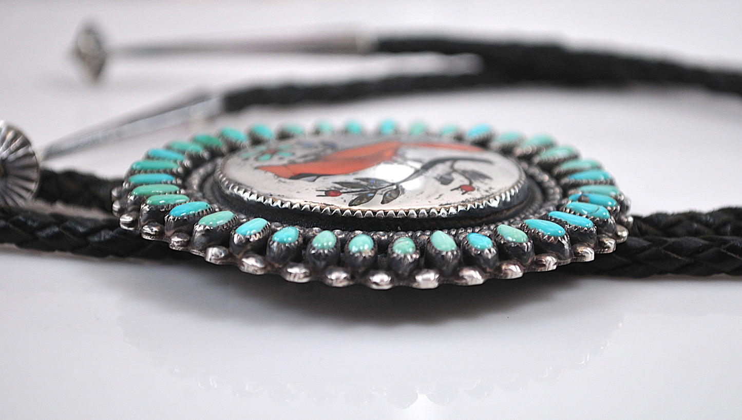 NOT AVAILABLE - Reserved for K - Native American signed Sterling Silver Cardinal Turquoise Bolo Tie