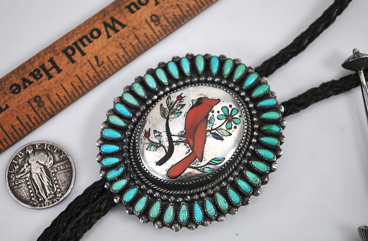 NOT AVAILABLE - Reserved for K - Native American signed Sterling Silver Cardinal Turquoise Bolo Tie
