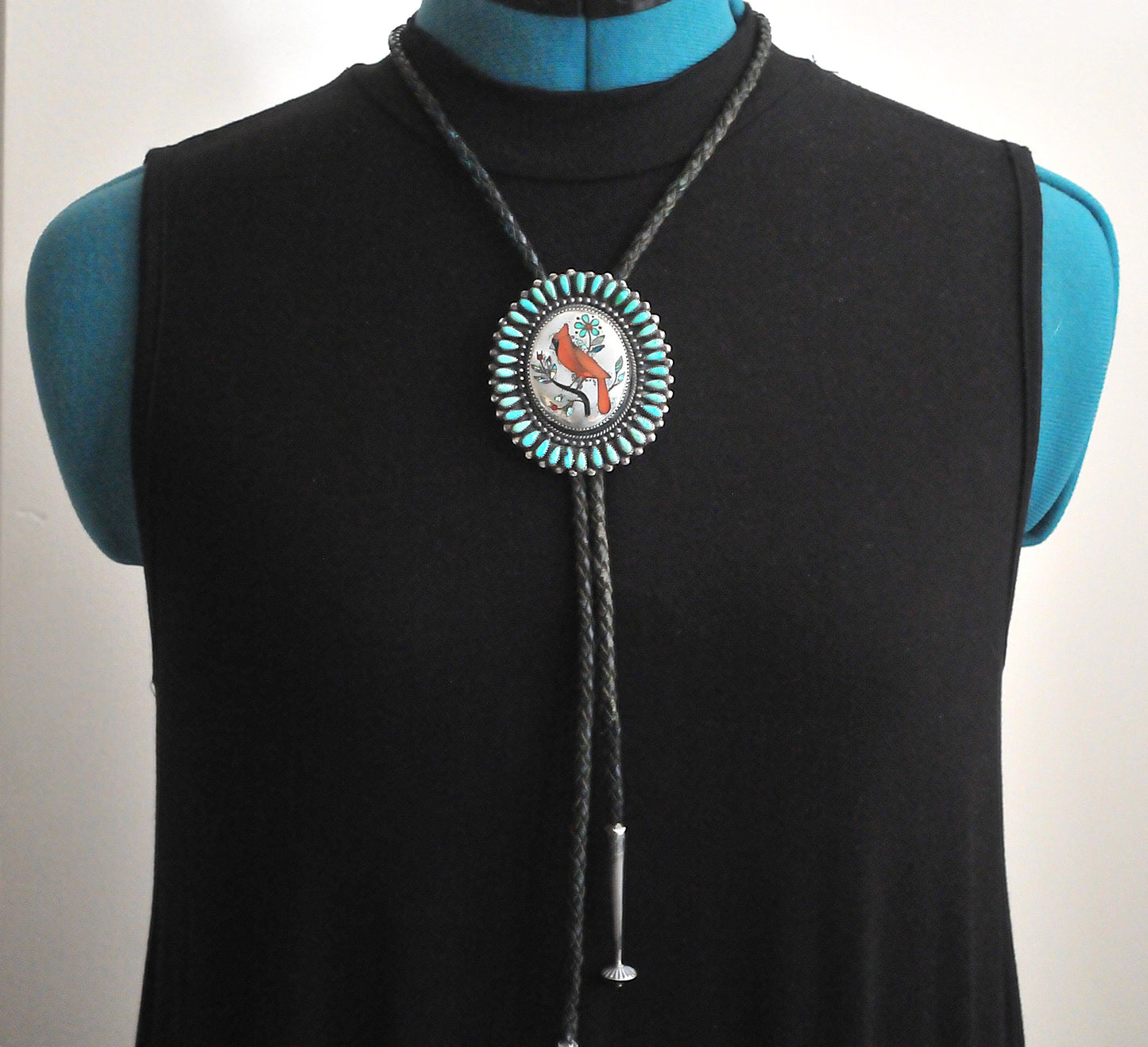NOT AVAILABLE - Reserved for K - Native American signed Sterling Silver Cardinal Turquoise Bolo Tie
