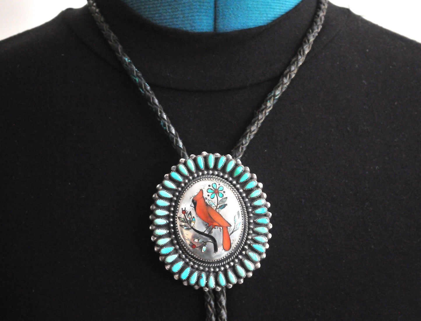 NOT AVAILABLE - Reserved for K - Native American signed Sterling Silver Cardinal Turquoise Bolo Tie