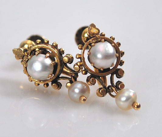 14K Gold Victorian Revival Screw Back Pearl Drop Earrings
