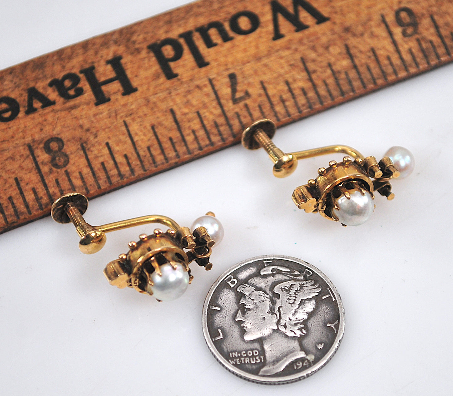 14K Gold Victorian Revival Screw Back Pearl Drop Earrings