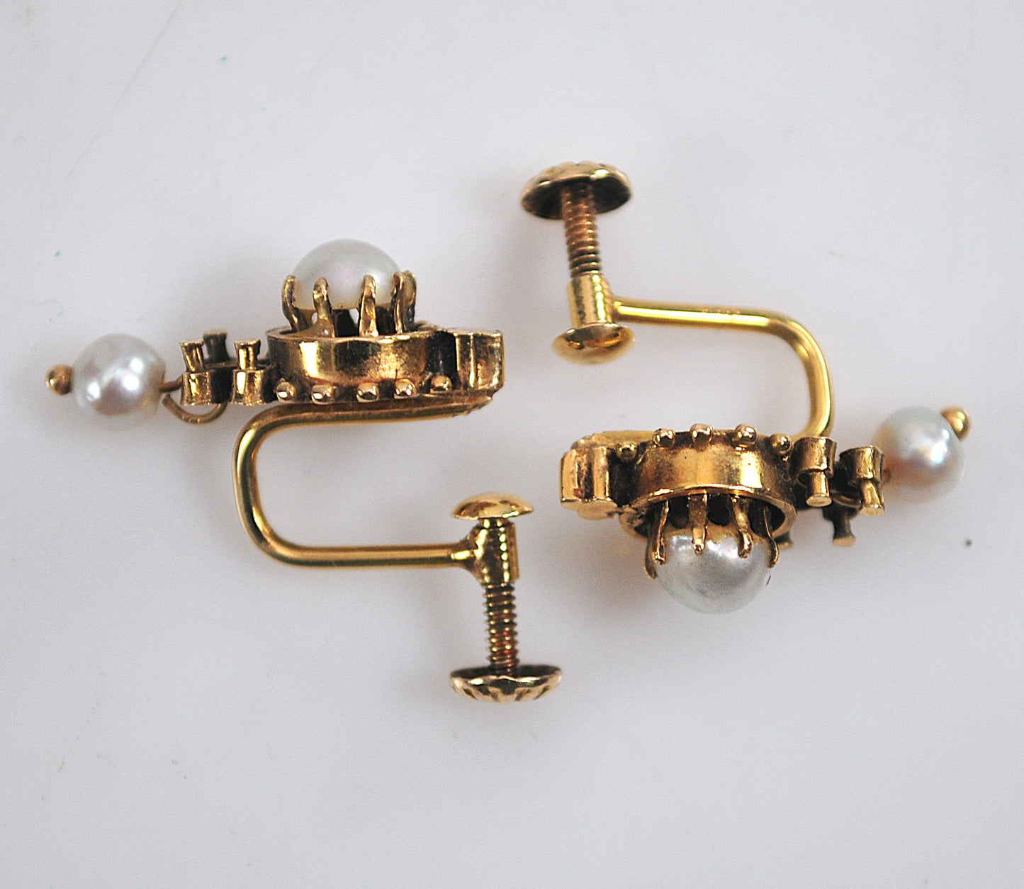 14K Gold Victorian Revival Screw Back Pearl Drop Earrings