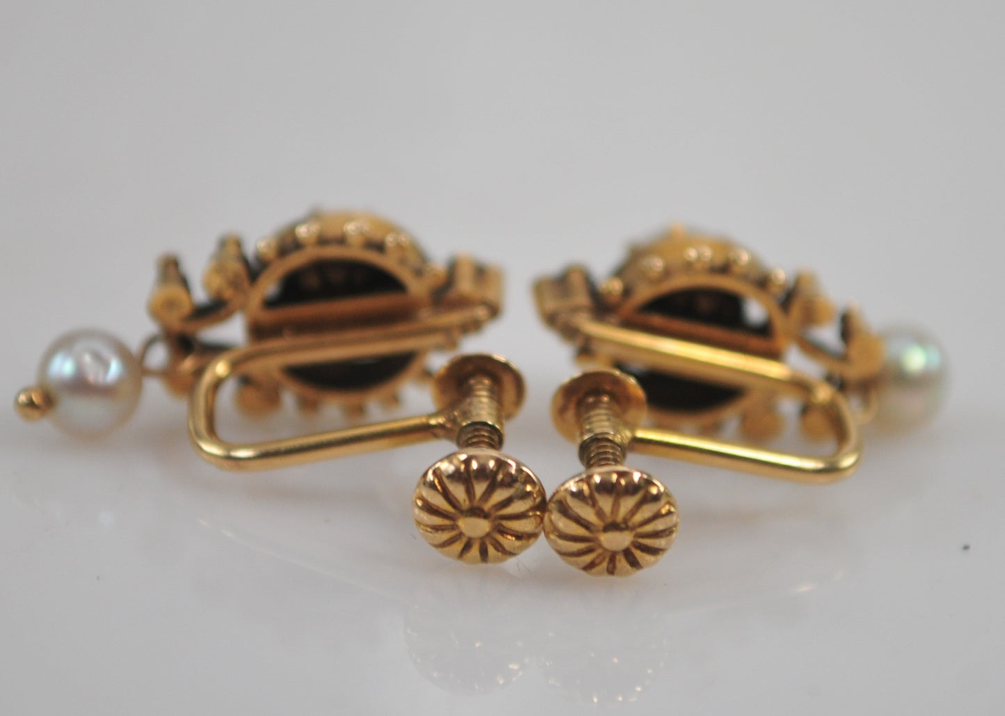 14K Gold Victorian Revival Screw Back Pearl Drop Earrings
