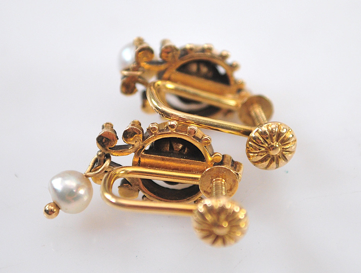 14K Gold Victorian Revival Screw Back Pearl Drop Earrings
