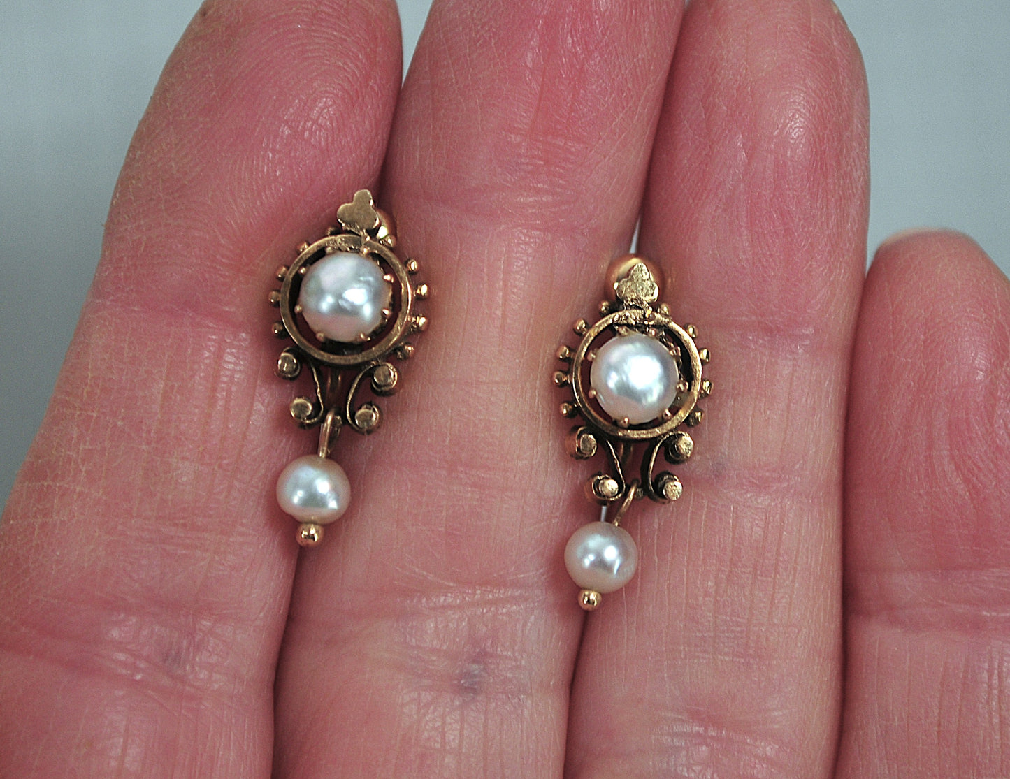 14K Gold Victorian Revival Screw Back Pearl Drop Earrings