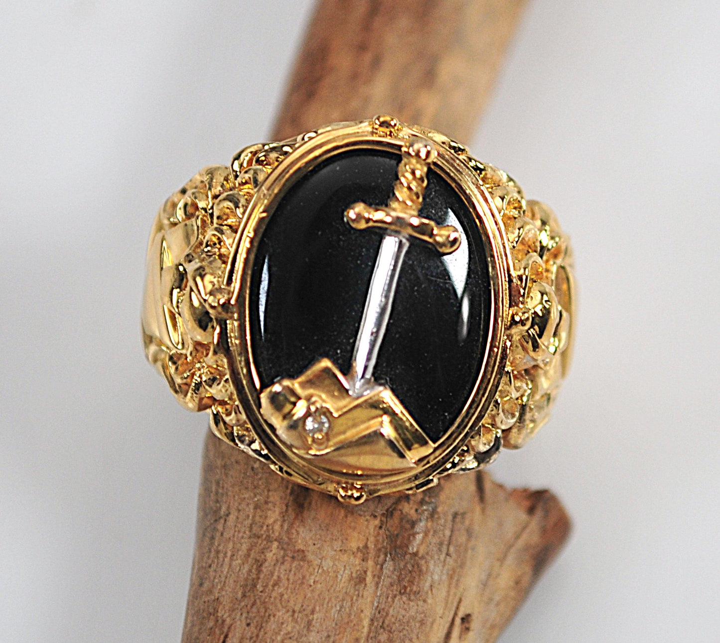 Unisex Franklin Mint Gold over Sterling and 10K Gold Sword in Stone Ring