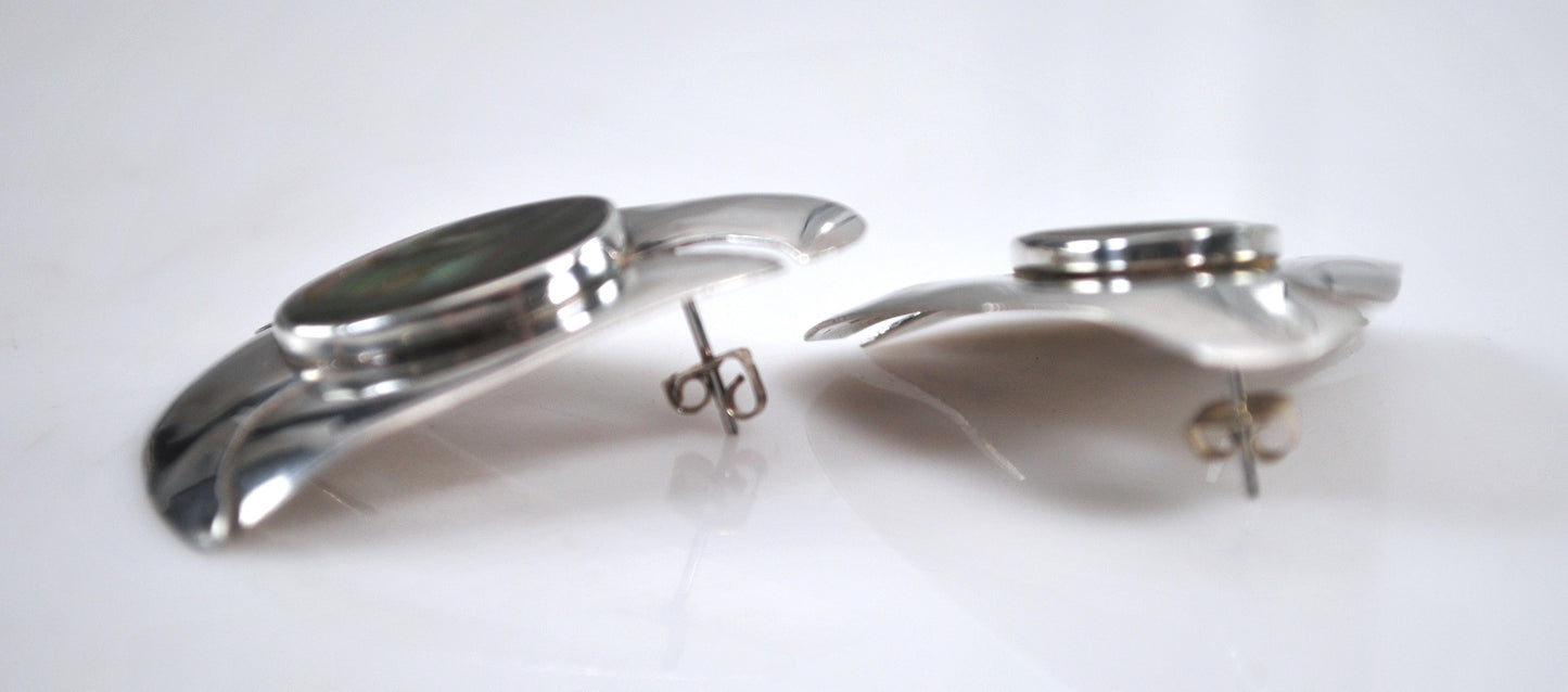 Large Vintage Sterling Silver Abalone Earrings