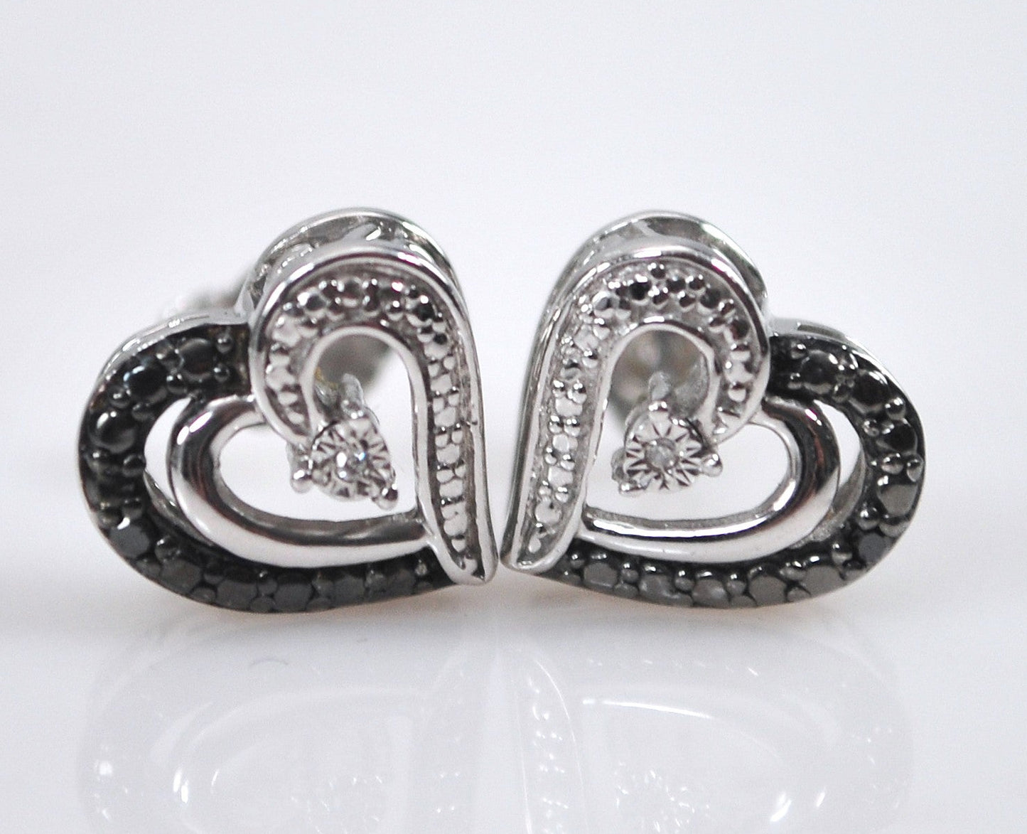 Jane Seymour Sterling Silver Black White Diamond Heart Stud Earrings