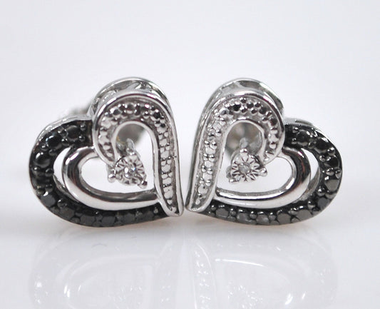 Jane Seymour Sterling Silver Black White Diamond Heart Stud Earrings