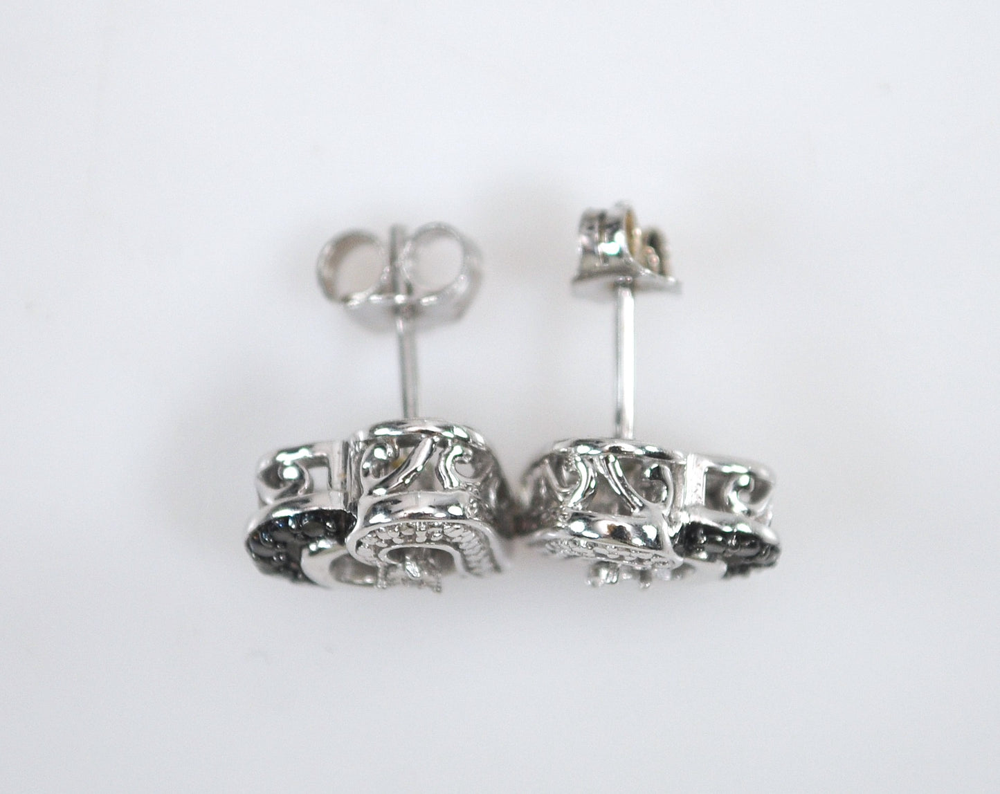 Jane Seymour Sterling Silver Black White Diamond Heart Stud Earrings