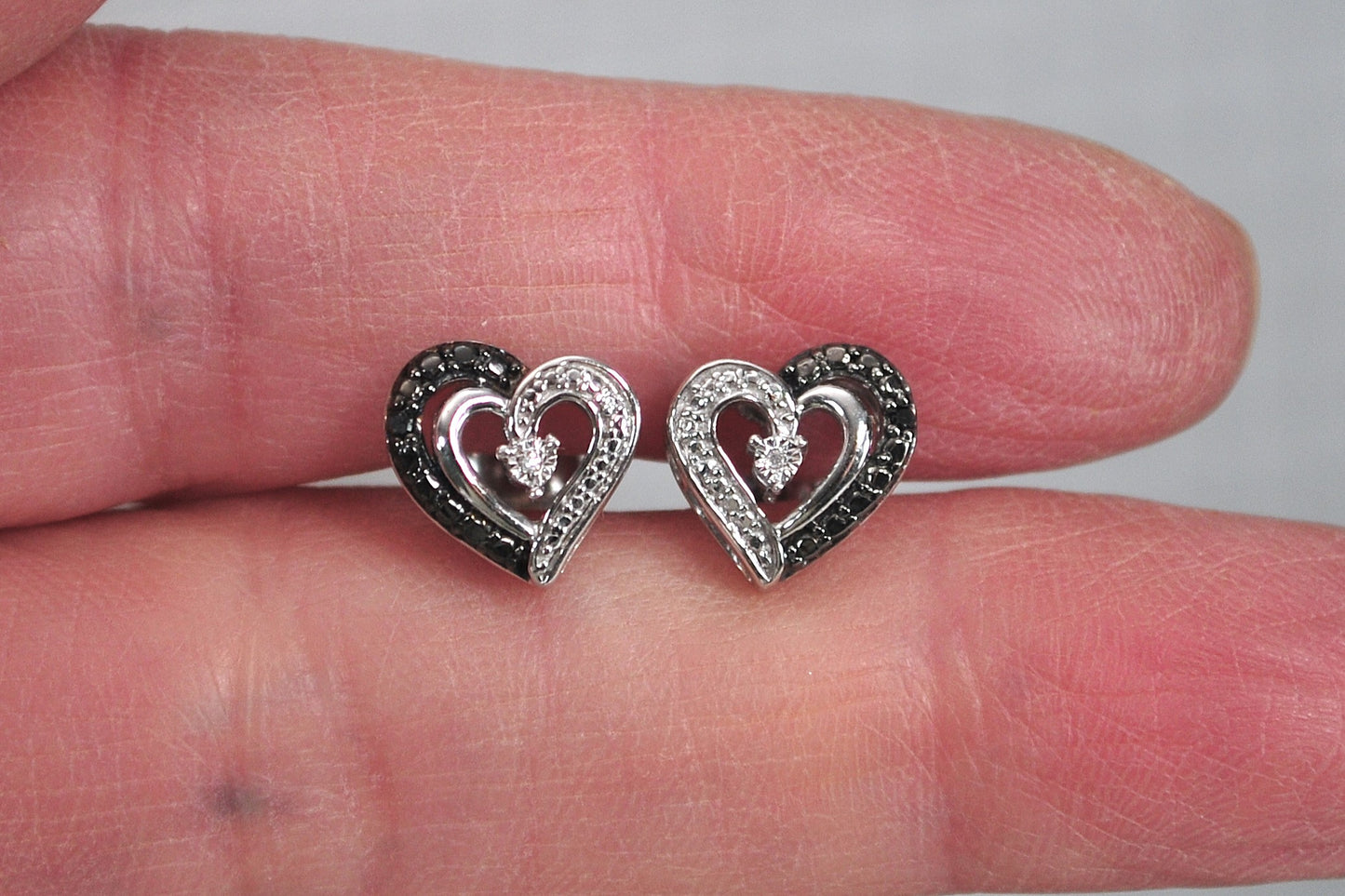 Jane Seymour Sterling Silver Black White Diamond Heart Stud Earrings