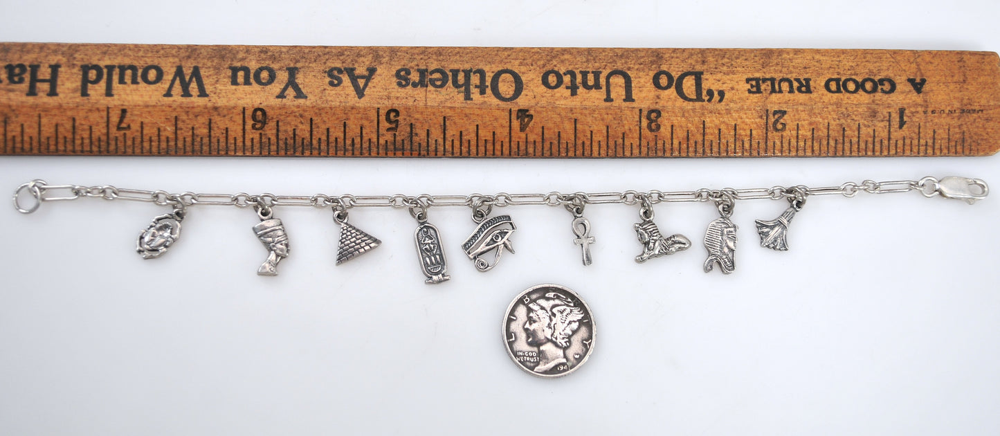 Vintage Sterling Silver Egyptian Charm Bracelet