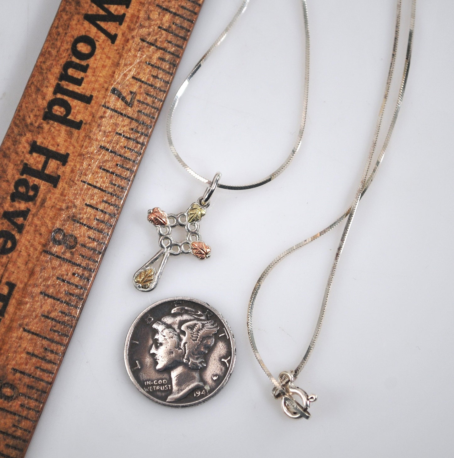 TINY Coleman Black Hills Sterling Silver 12K Gold Rose Leaf Cross Necklace