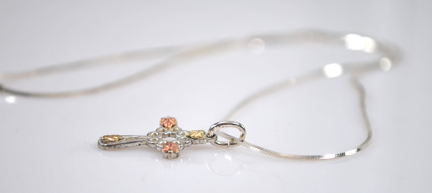 TINY Coleman Black Hills Sterling Silver 12K Gold Rose Leaf Cross Necklace