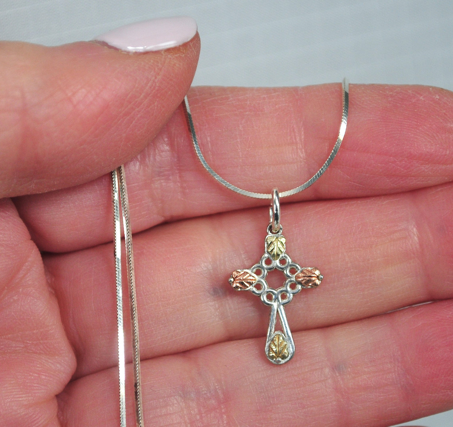 TINY Coleman Black Hills Sterling Silver 12K Gold Rose Leaf Cross Necklace