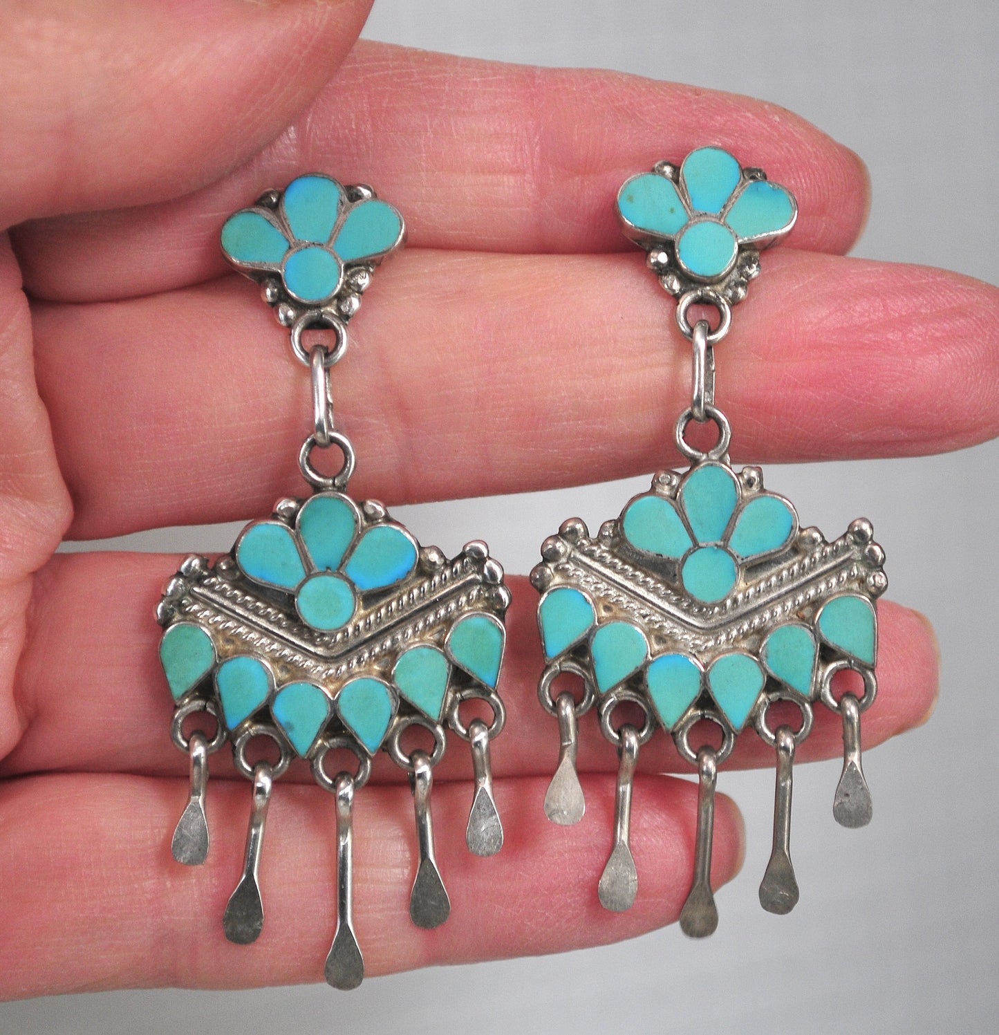 NOT AVAILABLE - Reserved for K - Large Sterling Silver Zuni Turquoise Chandelier Earrings