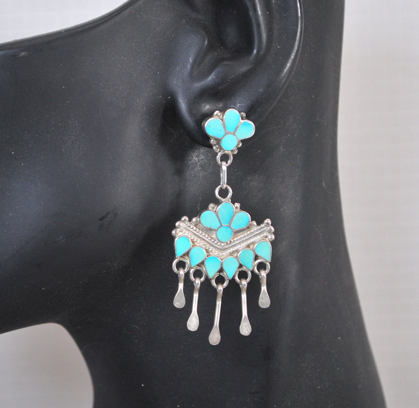 NOT AVAILABLE - Reserved for K - Large Sterling Silver Zuni Turquoise Chandelier Earrings