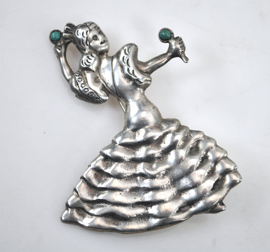 Large Mexico Sterling Silver Flamenco Dancer Brooch
