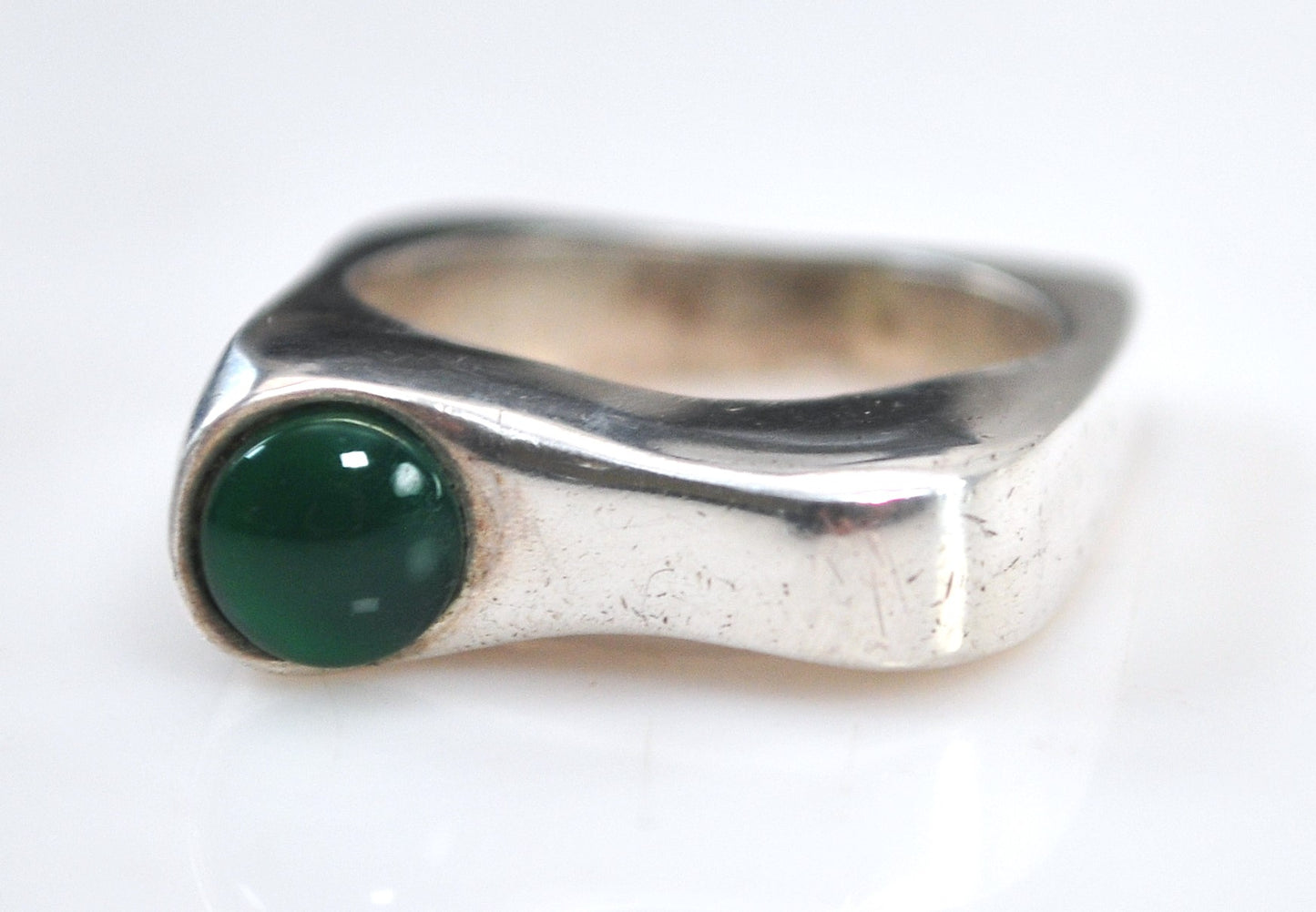 Vintage Sterling Silver Square Band Green Onyx Ring