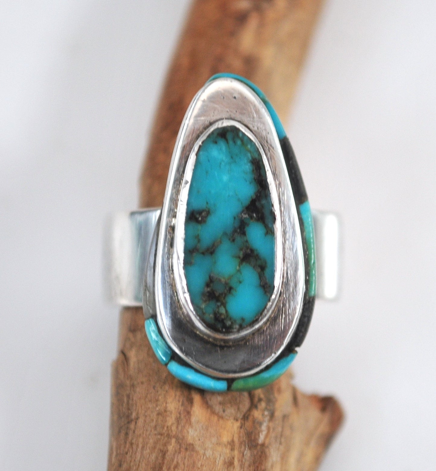 Signed Zuni Sterling Silver Turquoise Inly Ring