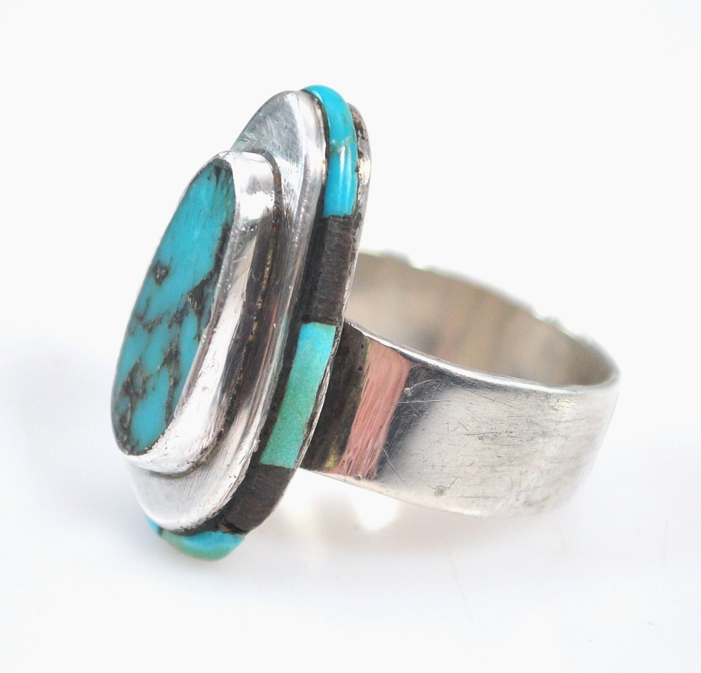 Signed Zuni Sterling Silver Turquoise Inly Ring