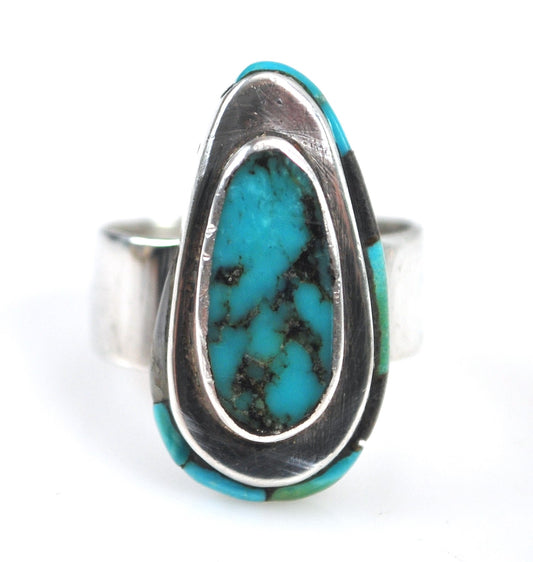 Signed Zuni Sterling Silver Turquoise Inly Ring