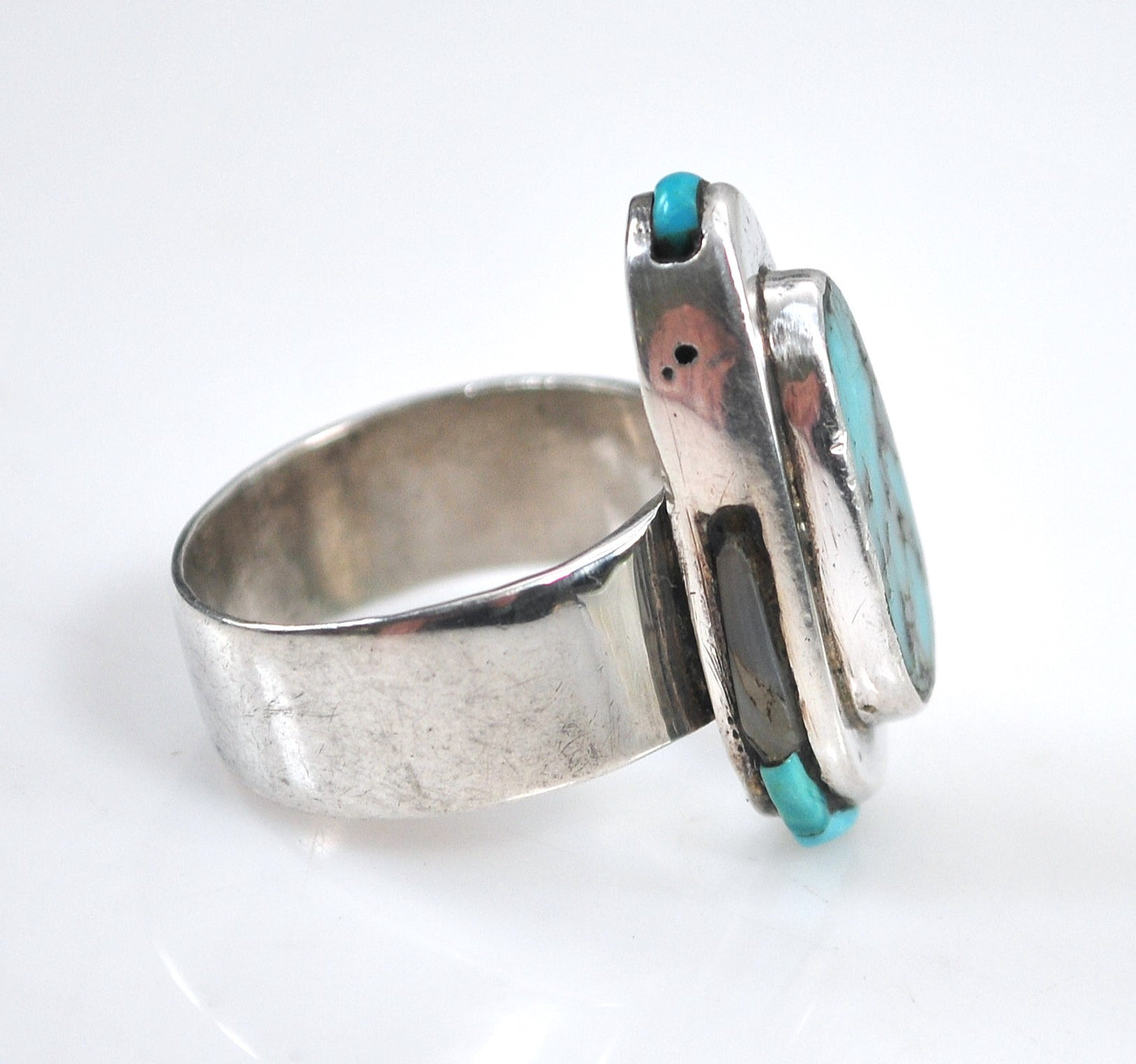 Signed Zuni Sterling Silver Turquoise Inly Ring