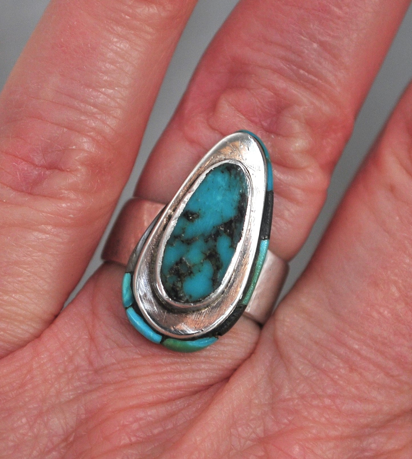 Signed Zuni Sterling Silver Turquoise Inly Ring
