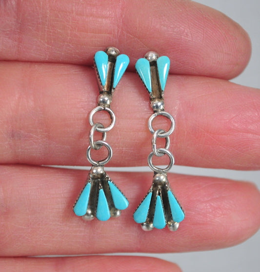 Vintage Sterling Silver Zuni Needlepoint Turquoise Earrings