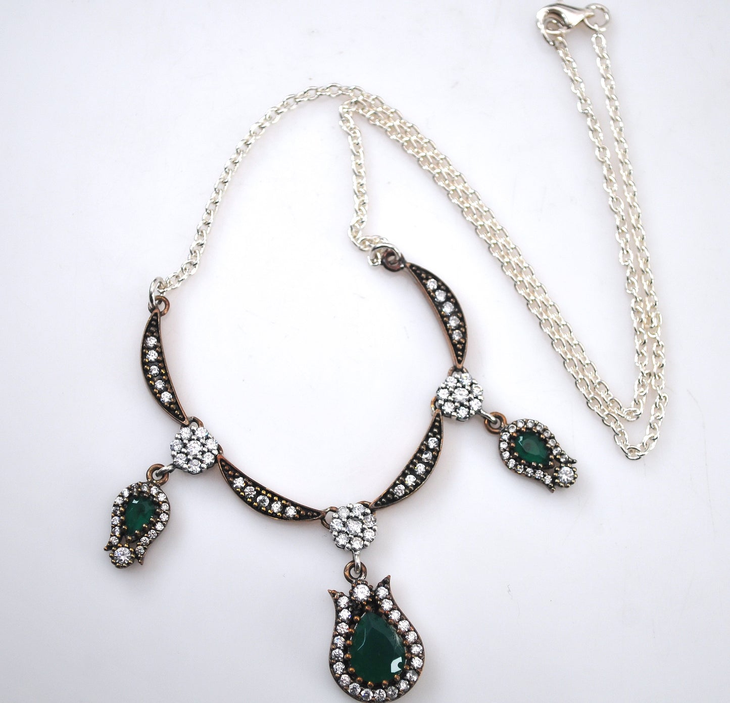 Sterling Silver and Gold Filled Green Onyx CZ Necklace