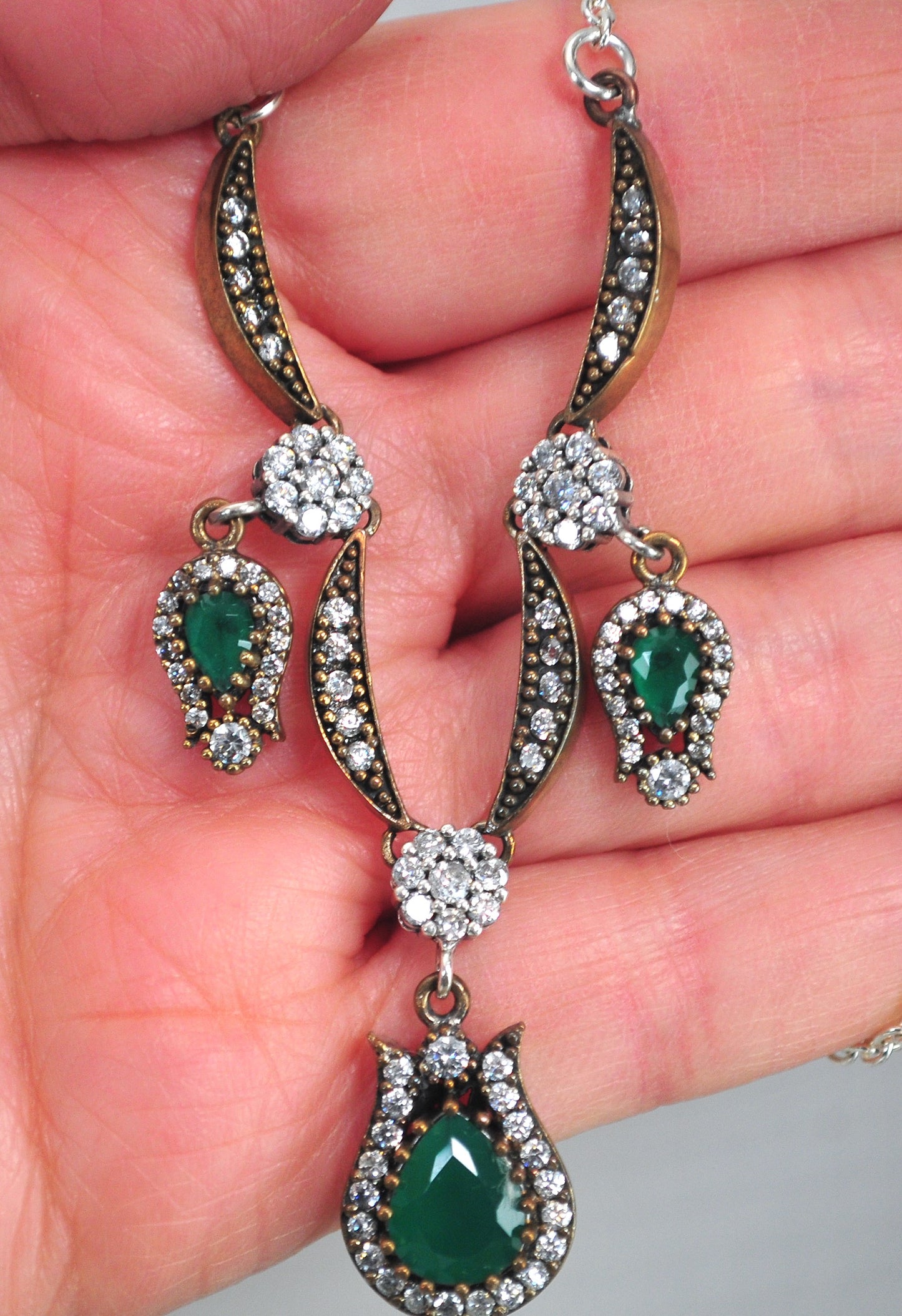Sterling Silver and Gold Filled Green Onyx CZ Necklace
