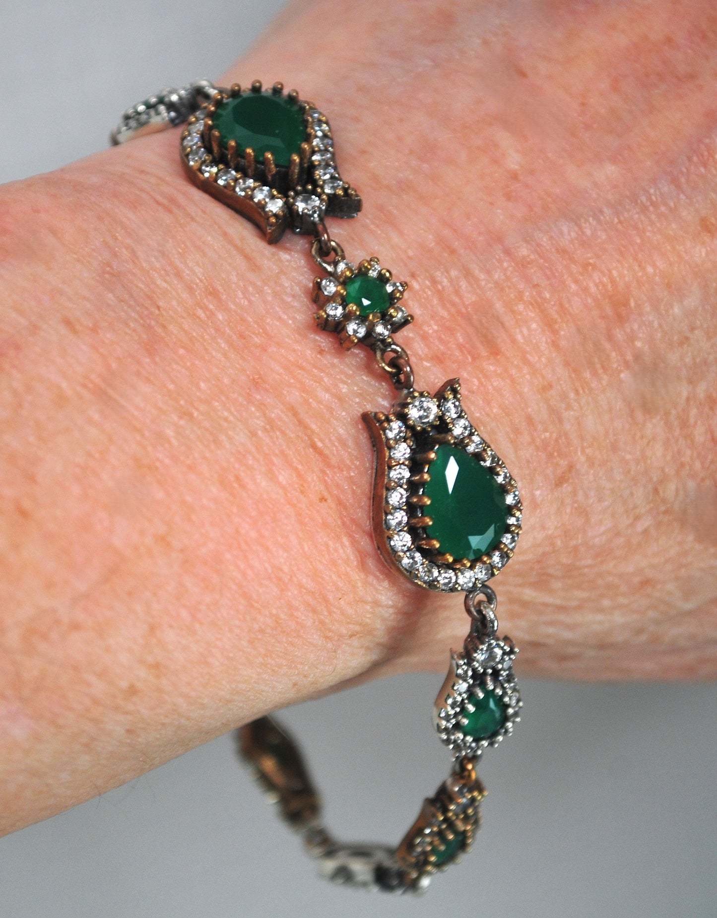Sterling Silver and Gold Filled Green Onyx CZ Bracelet