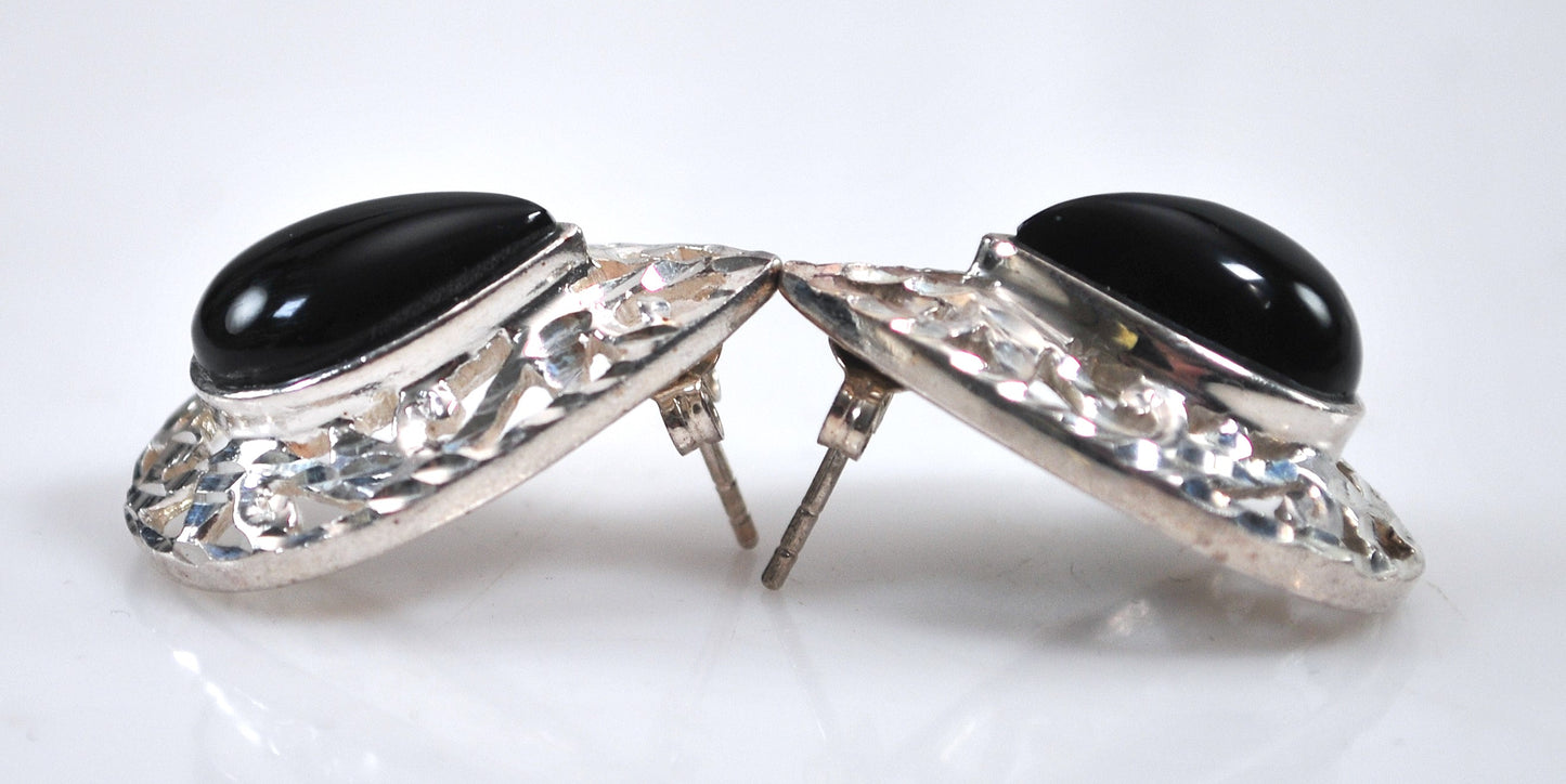 NOT AVAILABLE - Reserved for T - Signed Sterling Silver Black Onyx Inlay Earrings