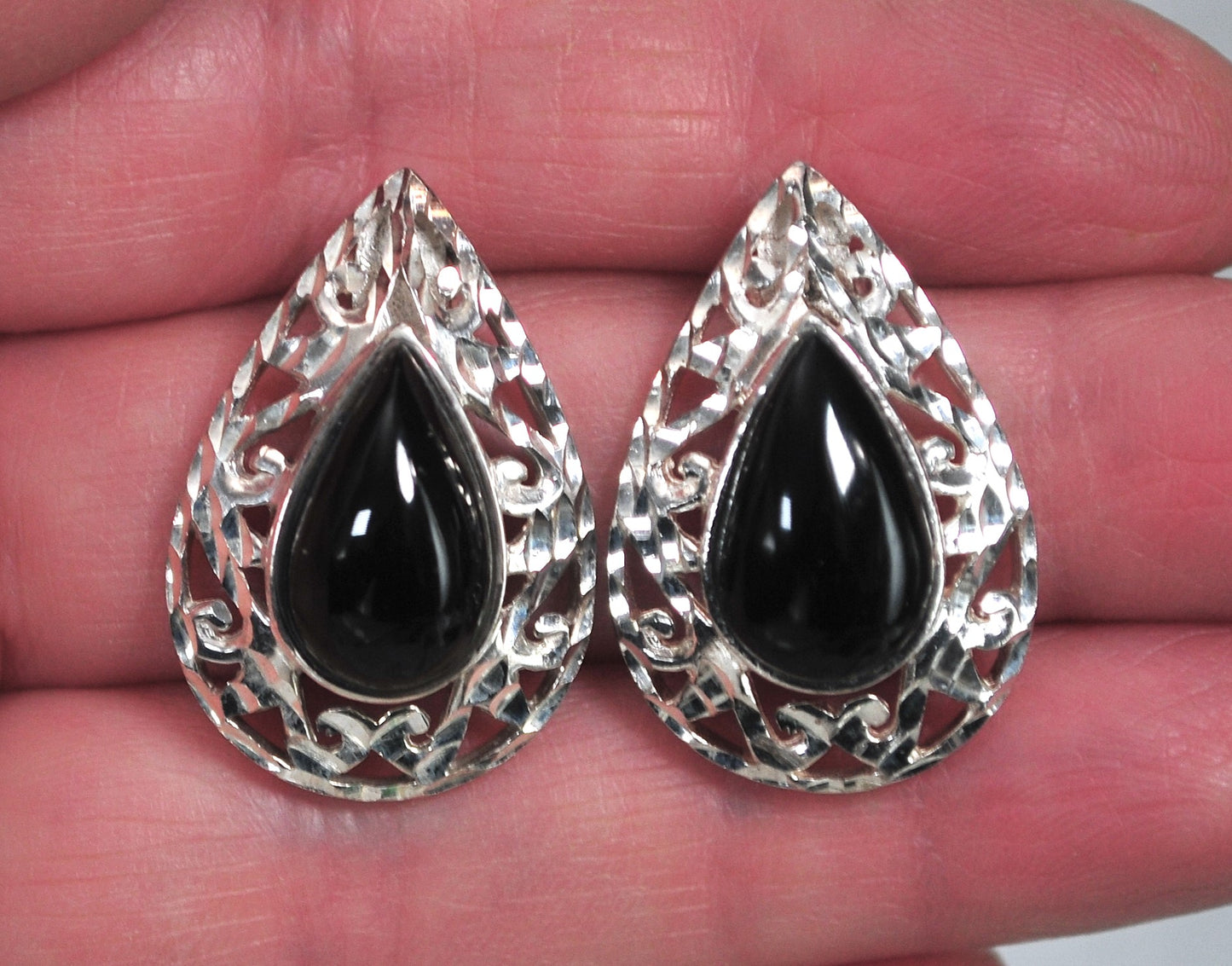NOT AVAILABLE - Reserved for T - Signed Sterling Silver Black Onyx Inlay Earrings