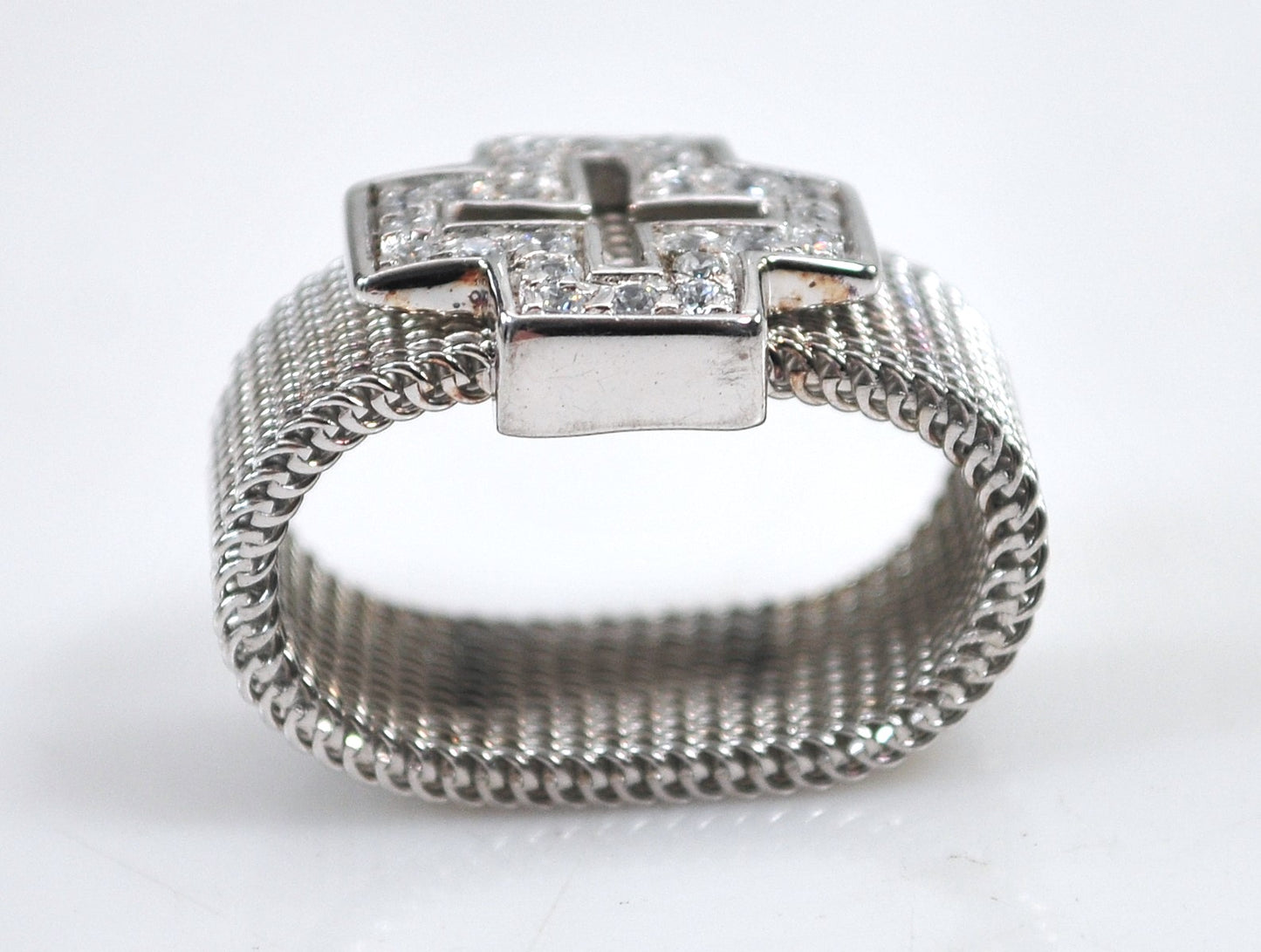 Wide Sterling Silver Mesh Cross Ring