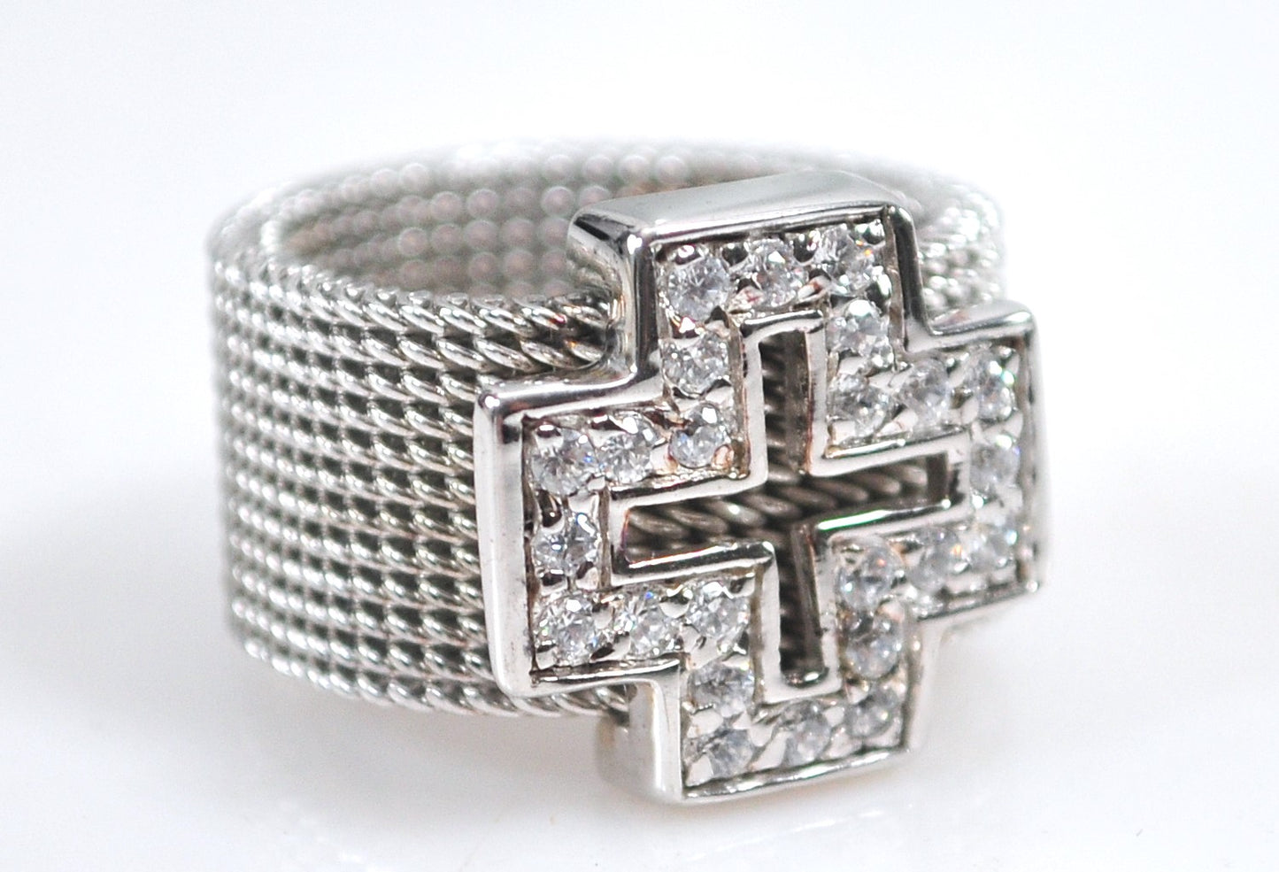 Wide Sterling Silver Mesh Cross Ring
