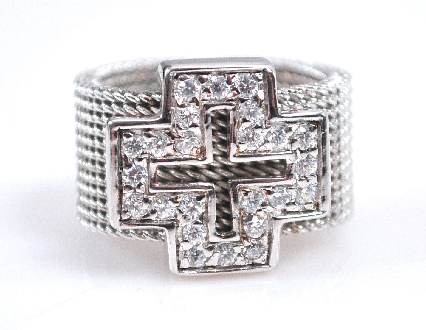 Wide Sterling Silver Mesh Cross Ring