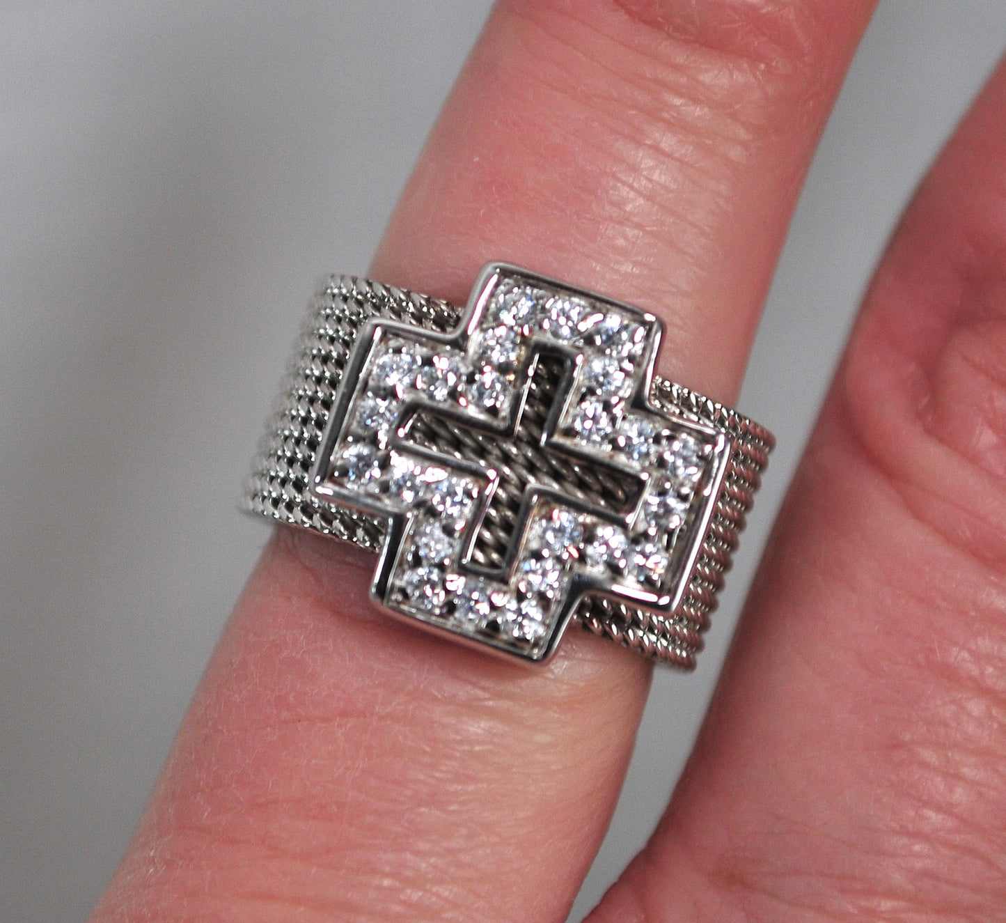 Wide Sterling Silver Mesh Cross Ring