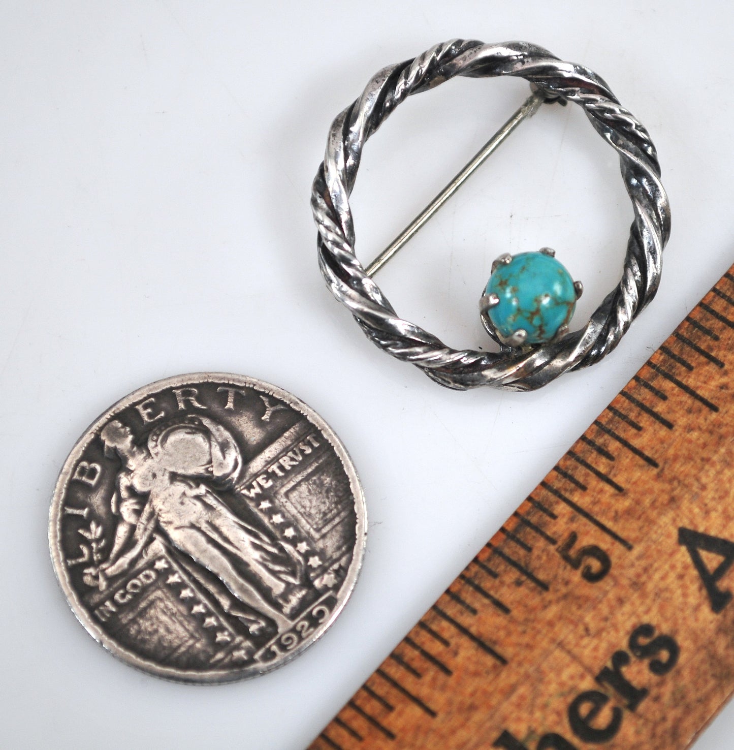 Signed Southwestern Sterling Silver Turquoise Brooch