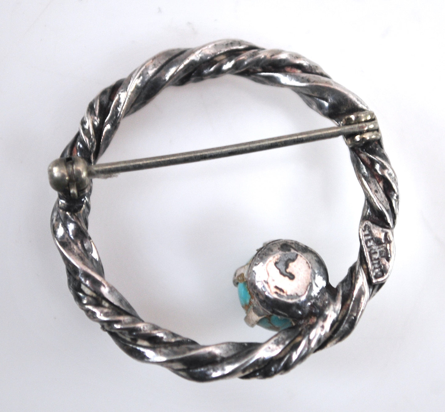 Signed Southwestern Sterling Silver Turquoise Brooch