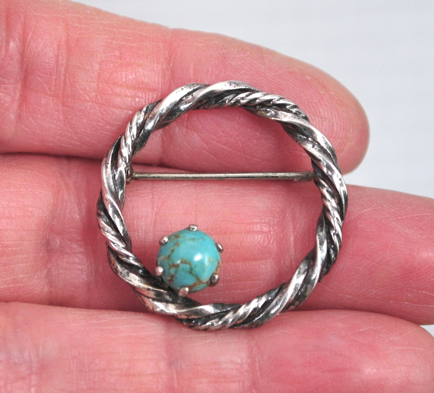 Signed Southwestern Sterling Silver Turquoise Brooch