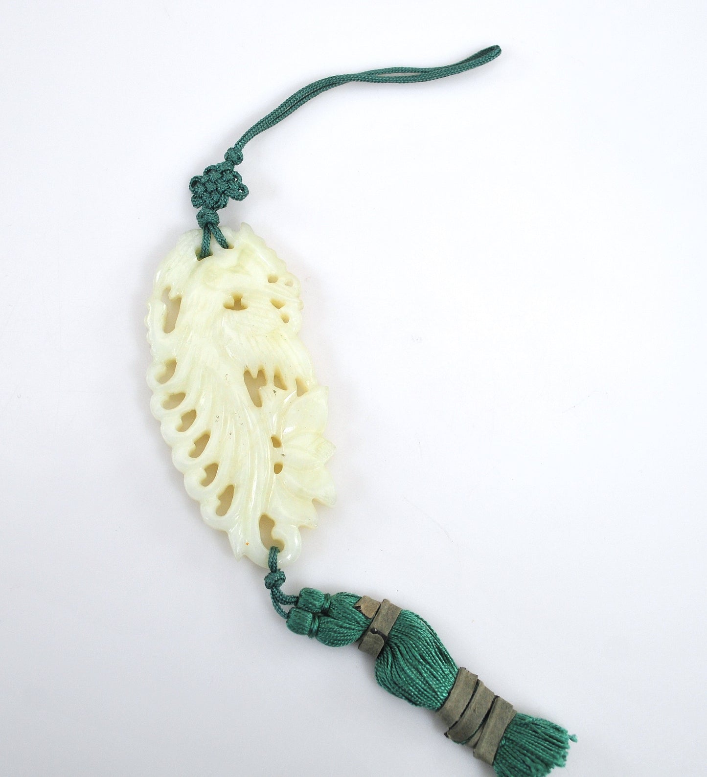 Vintage Chinese Carved Jade Silk Tassel Pendant