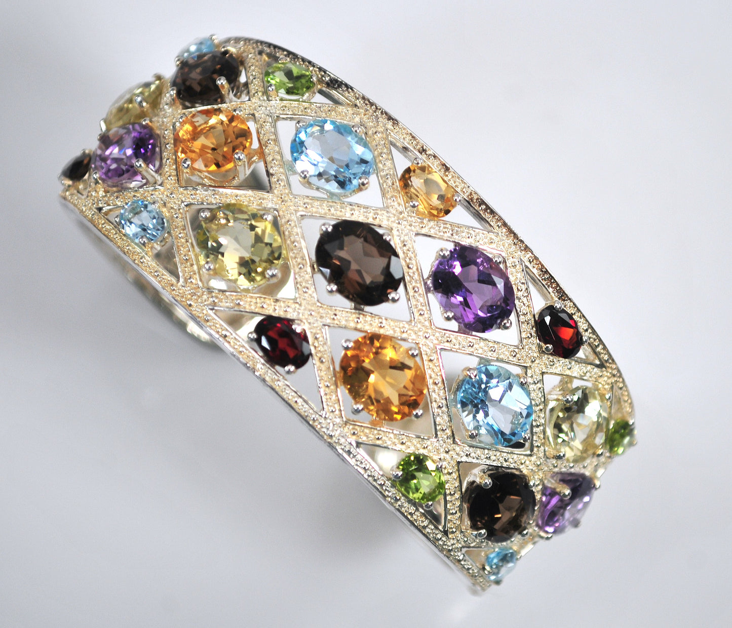 Designer Sterling Silver Genuine Gemstone Wide Bangle Bracelet