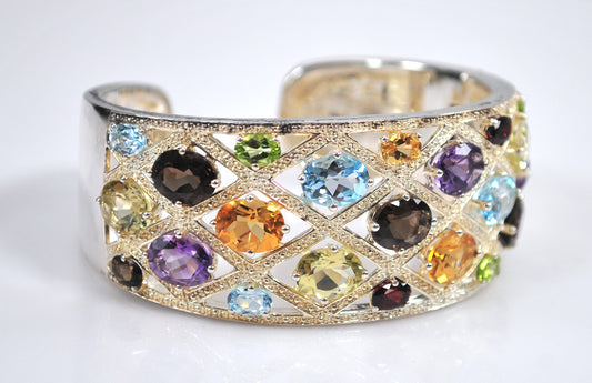 Designer Sterling Silver Genuine Gemstone Wide Bangle Bracelet