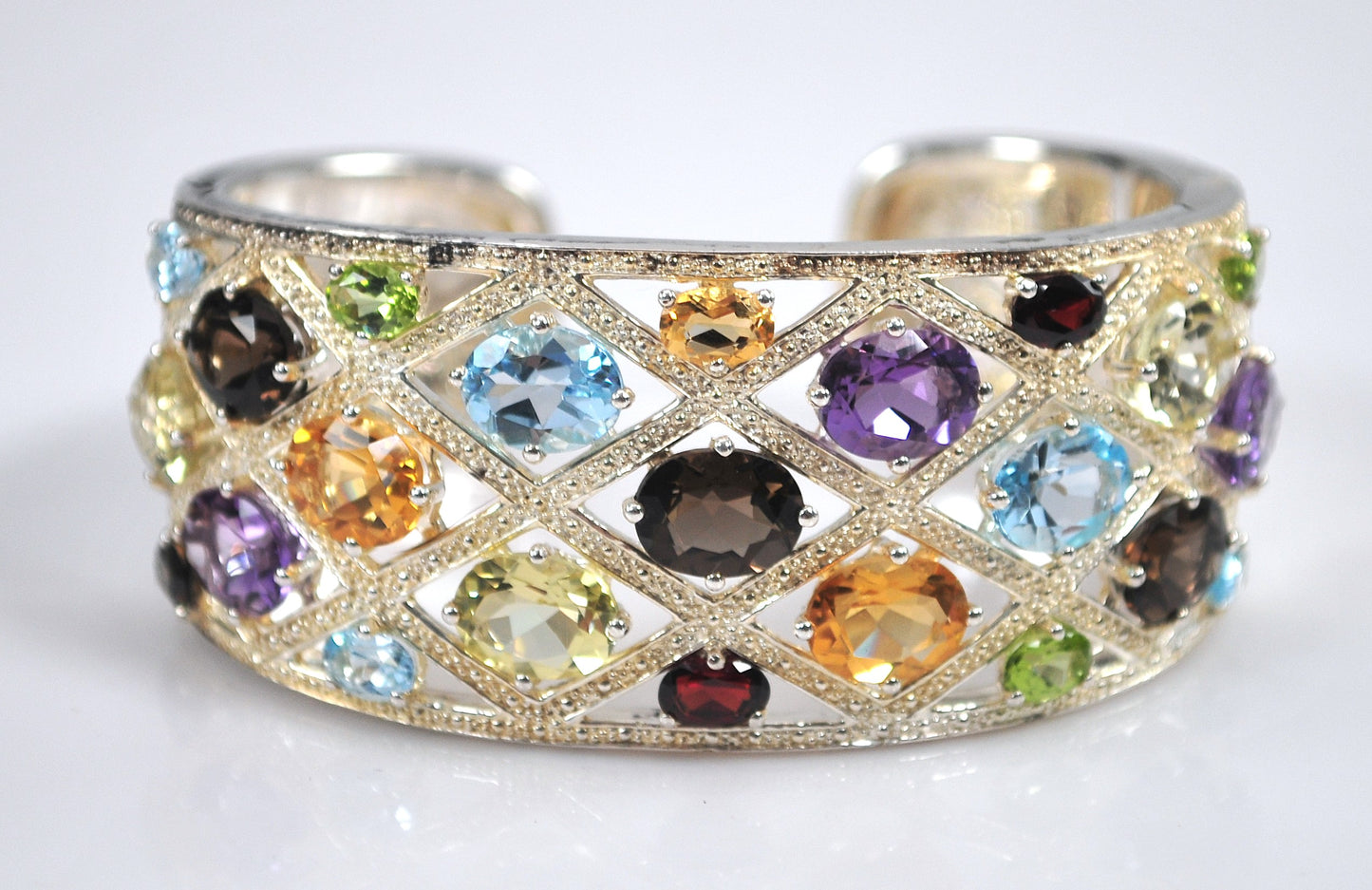 Designer Sterling Silver Genuine Gemstone Wide Bangle Bracelet