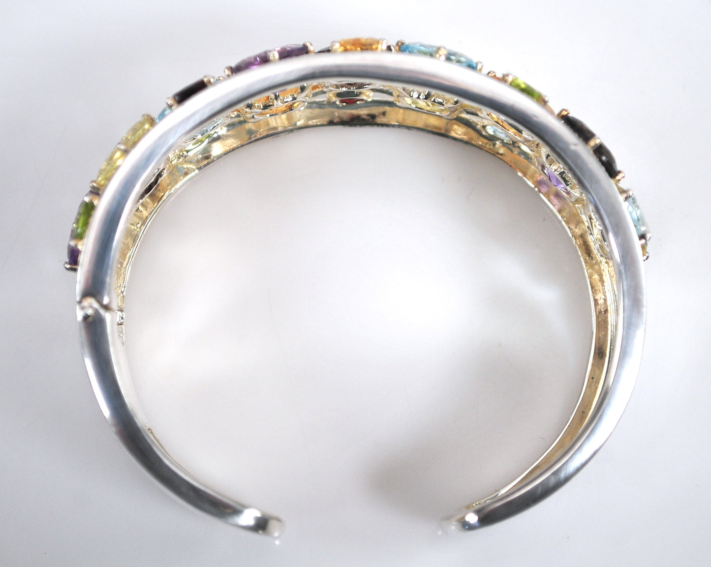 Designer Sterling Silver Genuine Gemstone Wide Bangle Bracelet