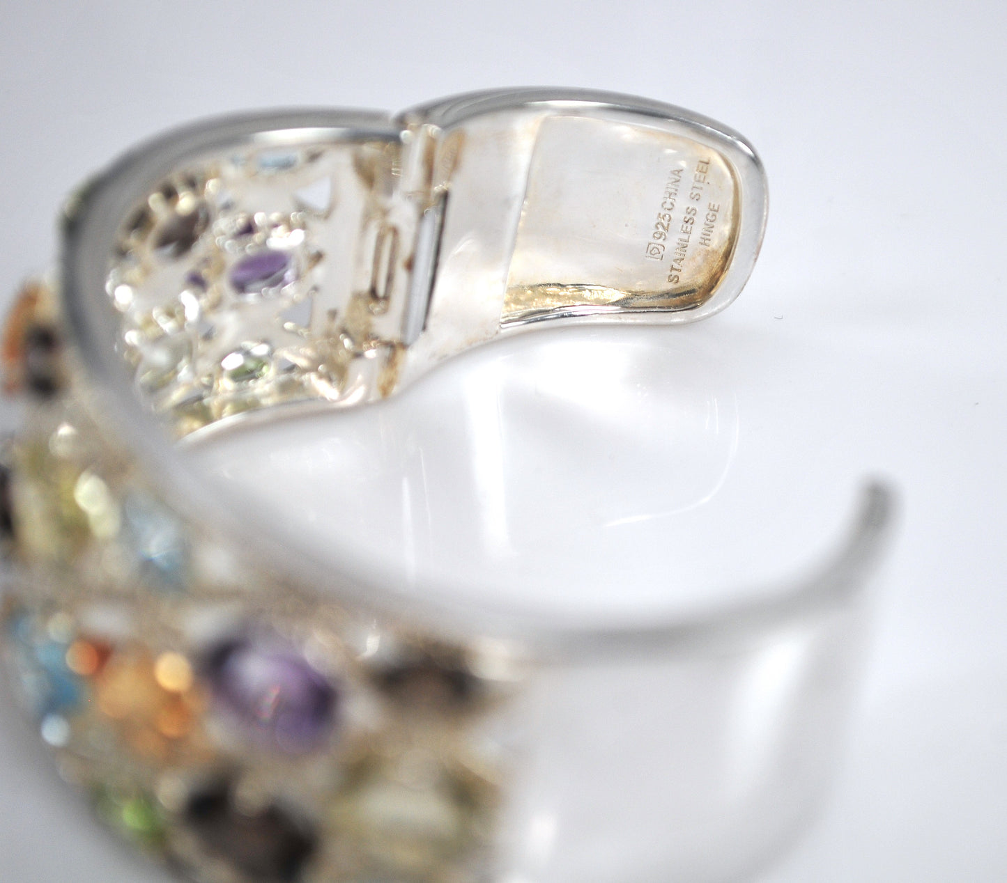 Designer Sterling Silver Genuine Gemstone Wide Bangle Bracelet