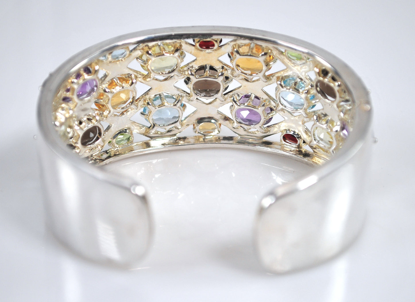 Designer Sterling Silver Genuine Gemstone Wide Bangle Bracelet