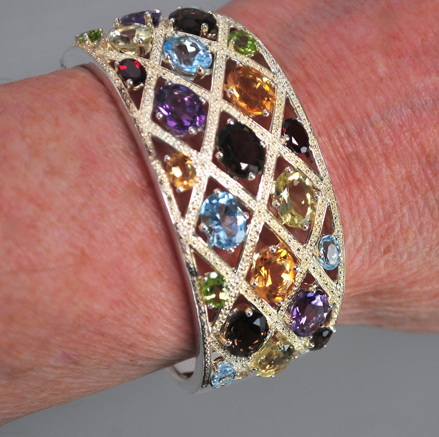 Designer Sterling Silver Genuine Gemstone Wide Bangle Bracelet